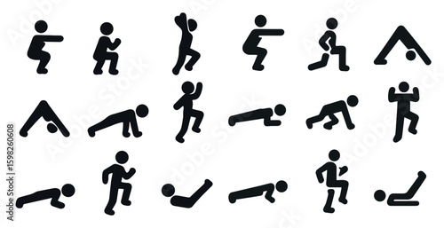 Fitness and exercise solid icons set – filled, workout, physical activity graphics
