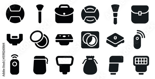 Photography solid icons set – filled, camera, equipment symbols for design