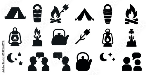 Camping essentials silhouette icons set – solid, filled, outdoor adventure symbols