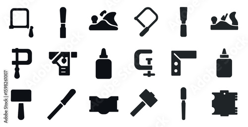 Carpentry solid icons set – flat, filled, woodworking and tool symbols