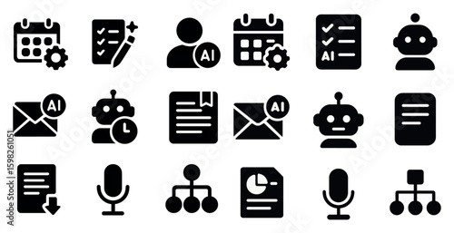 Artificial intelligence solid icons set – filled, flat, machine learning visuals
