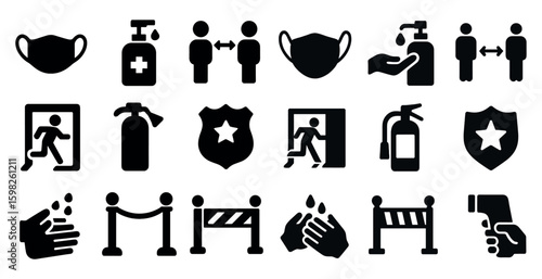Safety and health solid icons set – filled, protective and security symbols