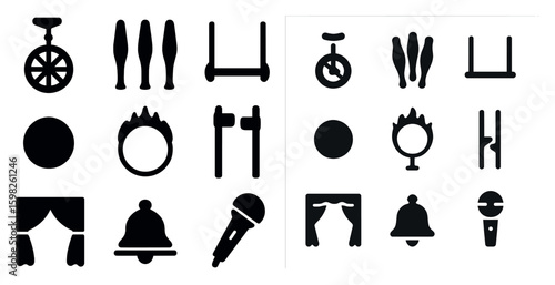Circus fun solid icons set – silhouette, filled, entertainment and performance symbols