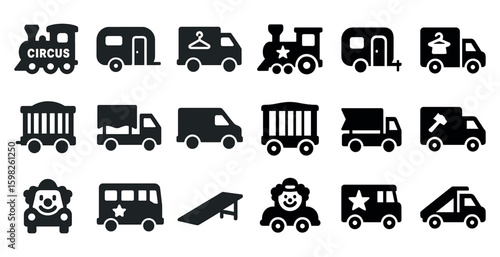 Circus and carnival solid icons set – filled, silhouette, entertainment and fun symbols