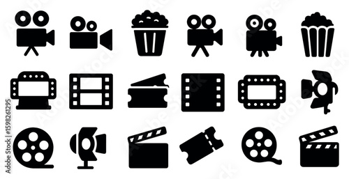 Cinema and movie silhouette icons set – film, entertainment, theater symbols