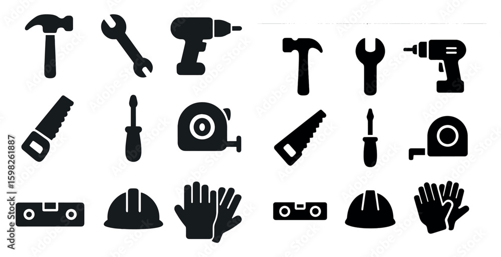 Obraz premium Construction tools silhouette icons set – flat, solid, diy and building equipment