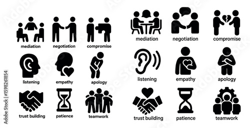 Conflict resolution icons set – solid, teamwork, negotiation and mediation visuals
