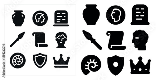 Ancient history silhouette icons set – solid, filled, archaeology and historical symbols