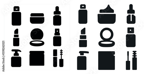 Beauty and cosmetic silhouette icons set – filled, skincare, makeup collection symbols
