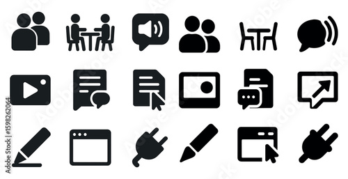Communication and media solid icons set – filled, social interaction, messaging motifs