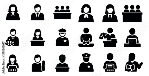 Justice and law silhouette icons set – minimal, solid, legal and court symbols