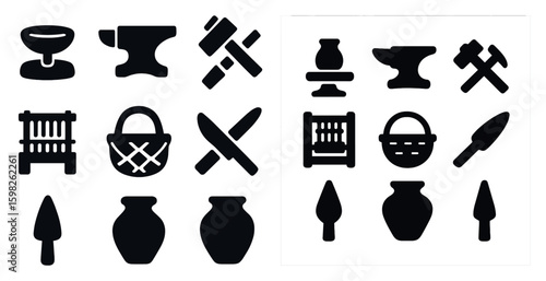 Crafts and pottery silhouette icons set – solid, filled, artisanal design symbols