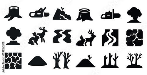 Deforestation and nature solid icons set – flat, filled, environment preservation symbols