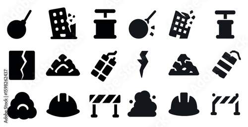 Construction and demolition silhouette icons set – solid, filled, site symbols