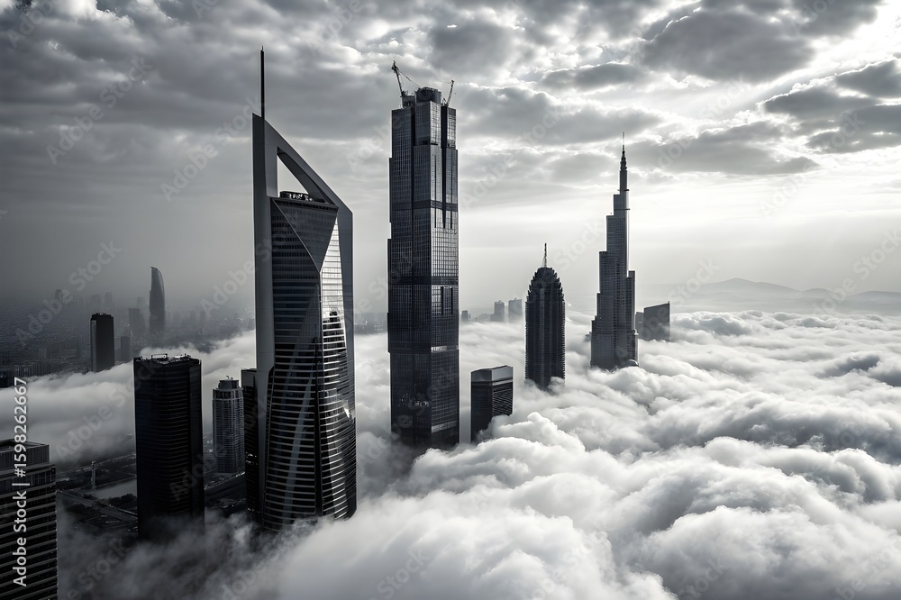 Naklejka premium Panorama aerial view of kuala lumpur city during beautiful sunrise sky with low clouds, fine art black and white