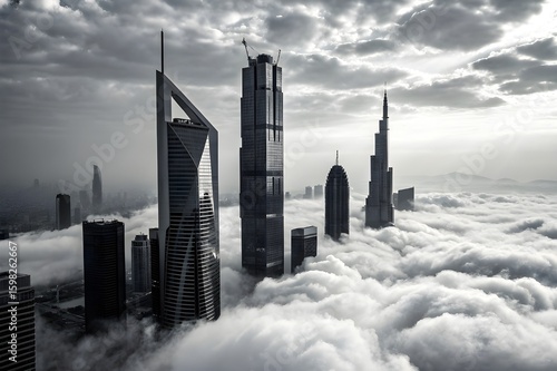 Panorama aerial view of kuala lumpur city during beautiful sunrise sky with low clouds, fine art black and white