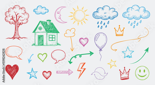 Set of colorful hand drawn universal doodle vector icons in minimalist ink chalk or charcoal style. Sketch style symbols including tree, house, moon, sun, clouds, heart, and kids design projects.