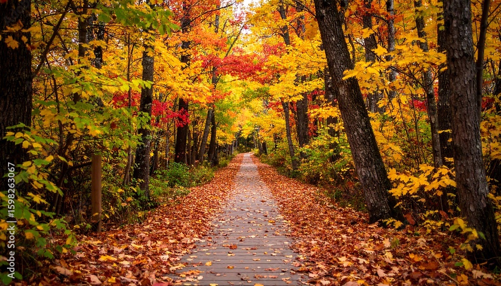 Obraz premium Autumnal path through a vibrant forest (1)