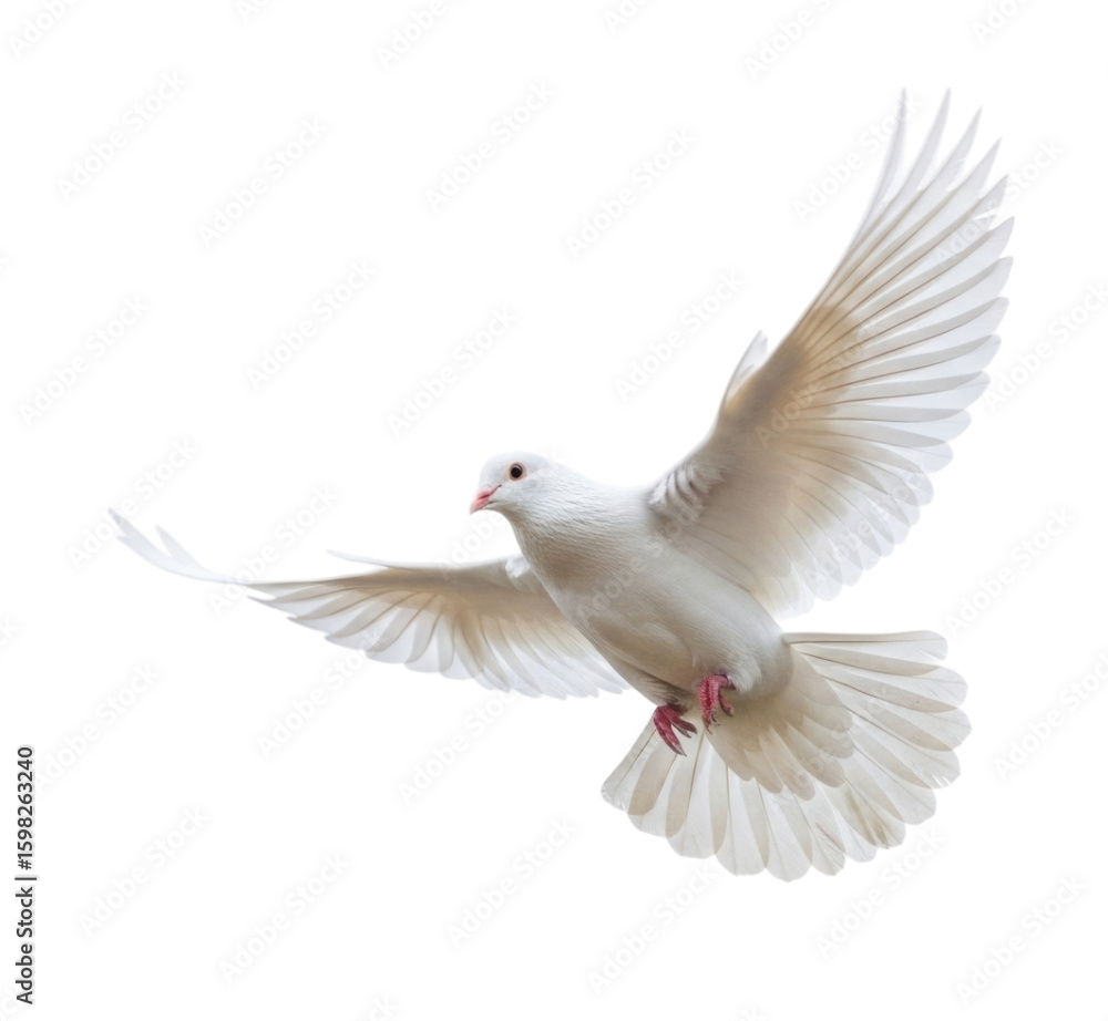 Obraz premium Beautiful white dove soaring gracefully in the air with wings spread wide, transparent background, cutout PNG