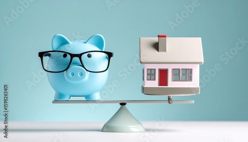 Saving money coin into piggy bank On the scale with a house model