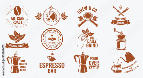 Set of coffee shop vector logos. Vintage retro style graphics with beans, cups, and brewing elements. Branding templates for cafe, roastery, premium quality, and coffee culture design.
