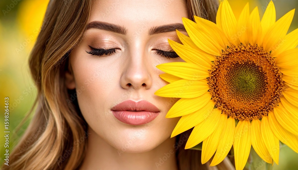 Beautiful girl with closed eyes, sunflower Beautiful girl with closed eyes, sunflower