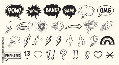 Set of hand drawn comic book effect vector graphics. Doodle sketch style speech bubbles, impact, wind, lightning, and symbols for expressive communication, pop art, and design projects.