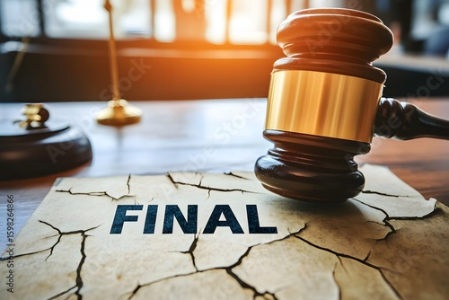 A legal document marked FINAL on a desk with a gavel blurred in the background sharp focus on a cracked worn page 