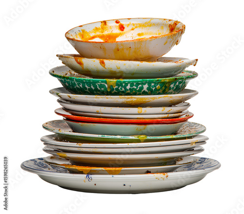 Stack of dirty plates with food stains white background