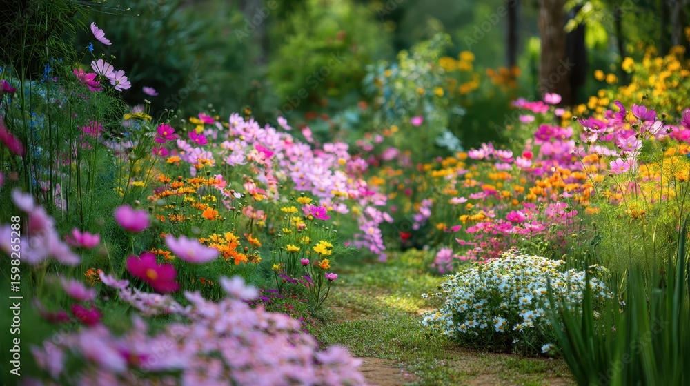 Obraz premium Colorful Wildflower Garden Pathway in Full Bloom During Spring