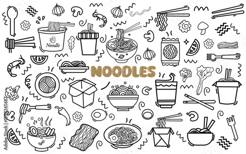Set of noodles cup instant ramen hand drawn doodle element