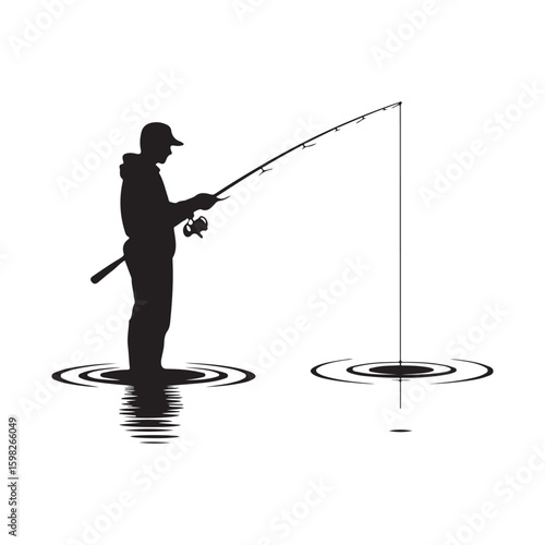 Silhouette of Fisherman Casting Line in Water with Ripples on White
