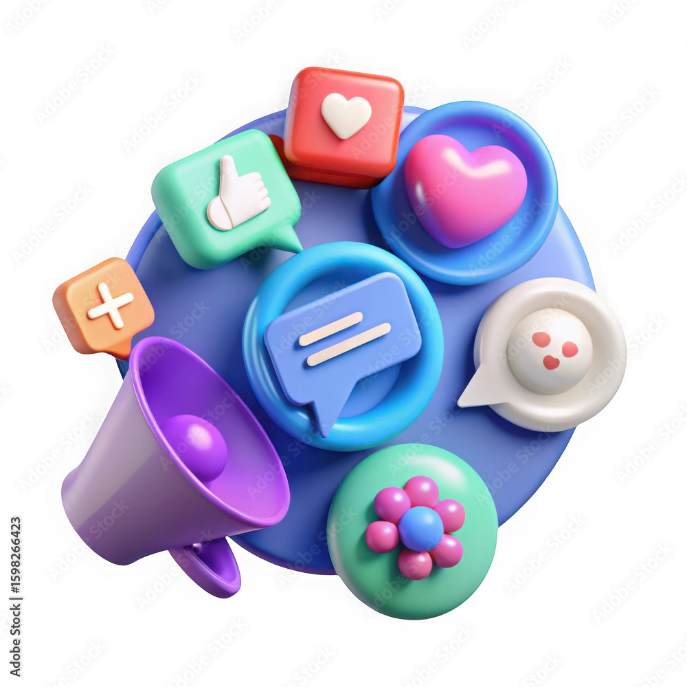 Obraz premium Social media icons and megaphone isolated on transparent background
