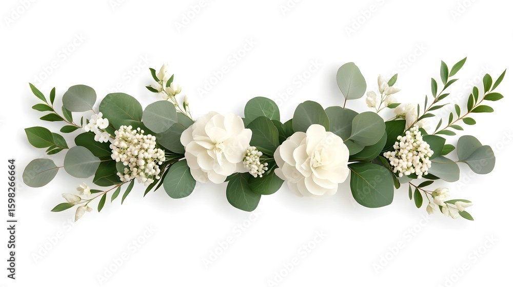 Fototapeta premium A symmetrical and balanced floral arrangement featuring lush eucalyptus leaves and delicate white flowers creating a serene and natural looking centerpiece