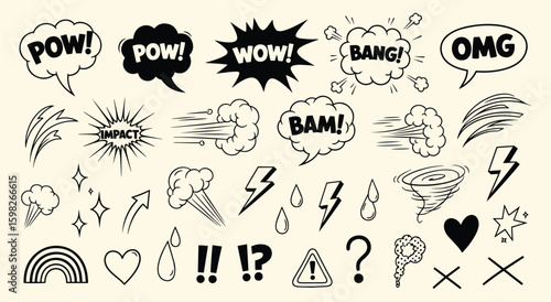 Set of hand drawn comic book effect vector graphics. Speech bubbles, impact, wind, lightning, and symbols for expressive communication, pop art, and design projects.
