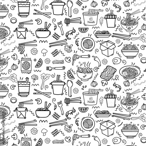 Set of noodles cup instant ramen icon seamless pattern
