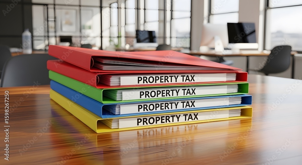 Naklejka premium Organized Property Tax Files Neatly Stacked On Wooden Desk In Modern Office Setting Ready For Review And Assessment