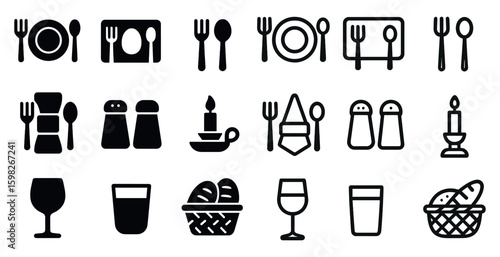 Dining and kitchen icons set – solid, silhouette, tableware and cutlery symbols