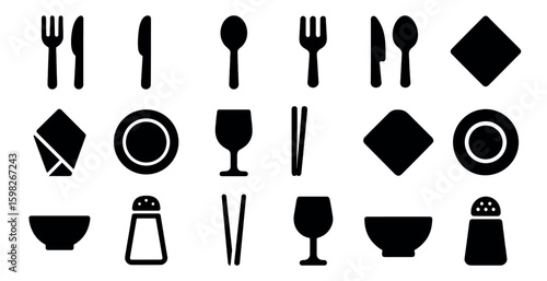 Dining and kitchen solid icons set – filled, silhouette, restaurant and culinary symbols