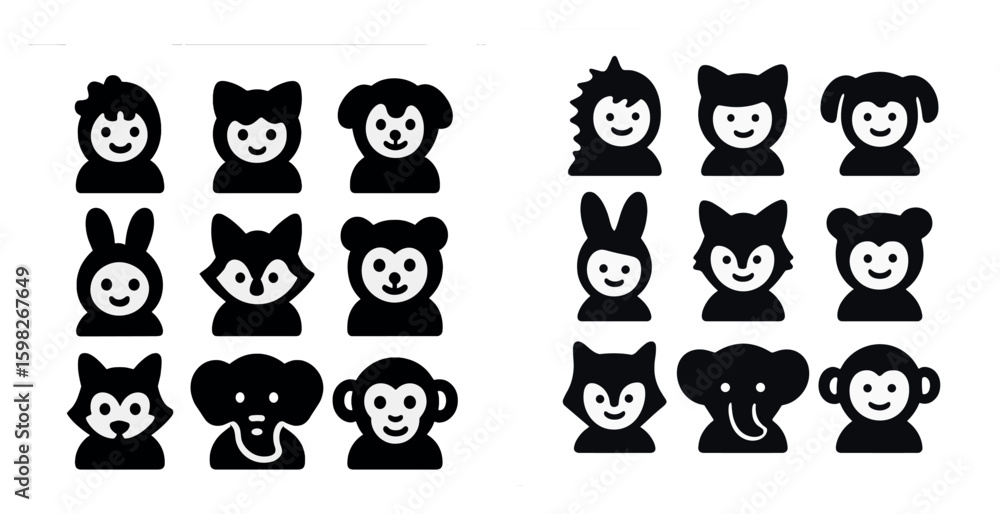Fototapeta premium Animal silhouette icons set – solid, filled, wildlife and pet graphics