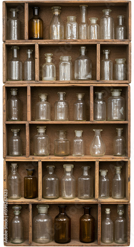 Photo of Vintage Glass Bottles Collection Display on Wooden Shelves