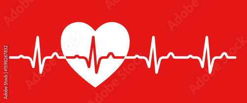 Heart and pulse. Vector clipart isolated on red background.