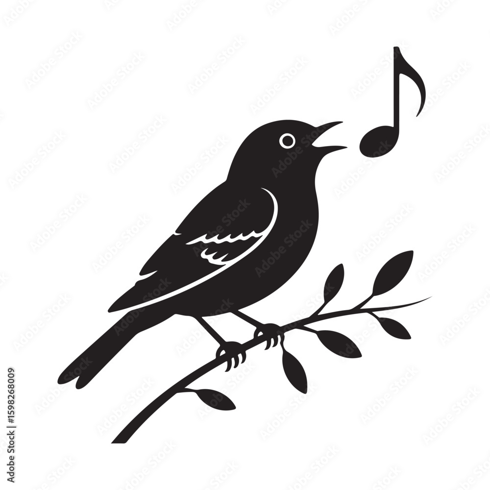 Fototapeta premium Black Silhouette of a Singing Bird on a Branch with Musical Note
