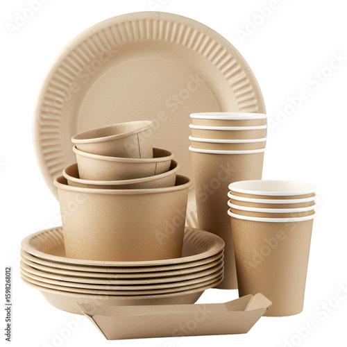 Set of Biodegradable Disposable Tableware Isolated on Black Background