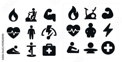 Fitness and exercise solid icons set – silhouettes, filled, workout and health symbols