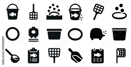 Aquarium and marine life icons set – silhouette, filled, fish and aquatic designs