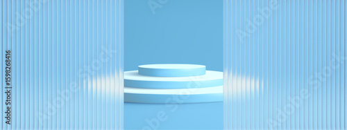 3D blue podium with ribbed glass texture for product display and platform stands. Abstract white pedestal with realistic light reflections and sky background. Clean mirror effect corrugated.