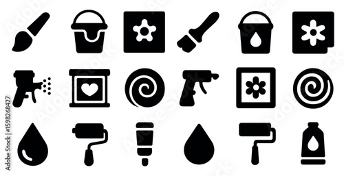 Painting and decoration solid icons set – flat, filled, diy and home improvement symbols