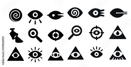 Mystery and surveillance solid icons set – flat, filled, secret and observation symbols