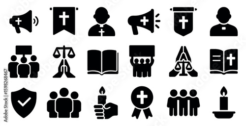 Religion and faith solid icons set – filled, silhouette, spiritual and worship symbols